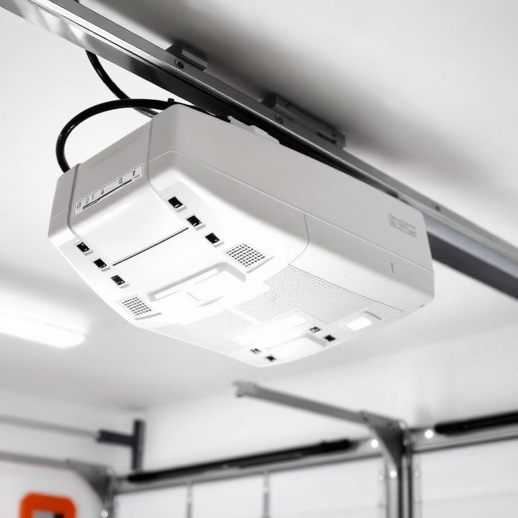 Modern garage door opener motor unit mounted on ceiling