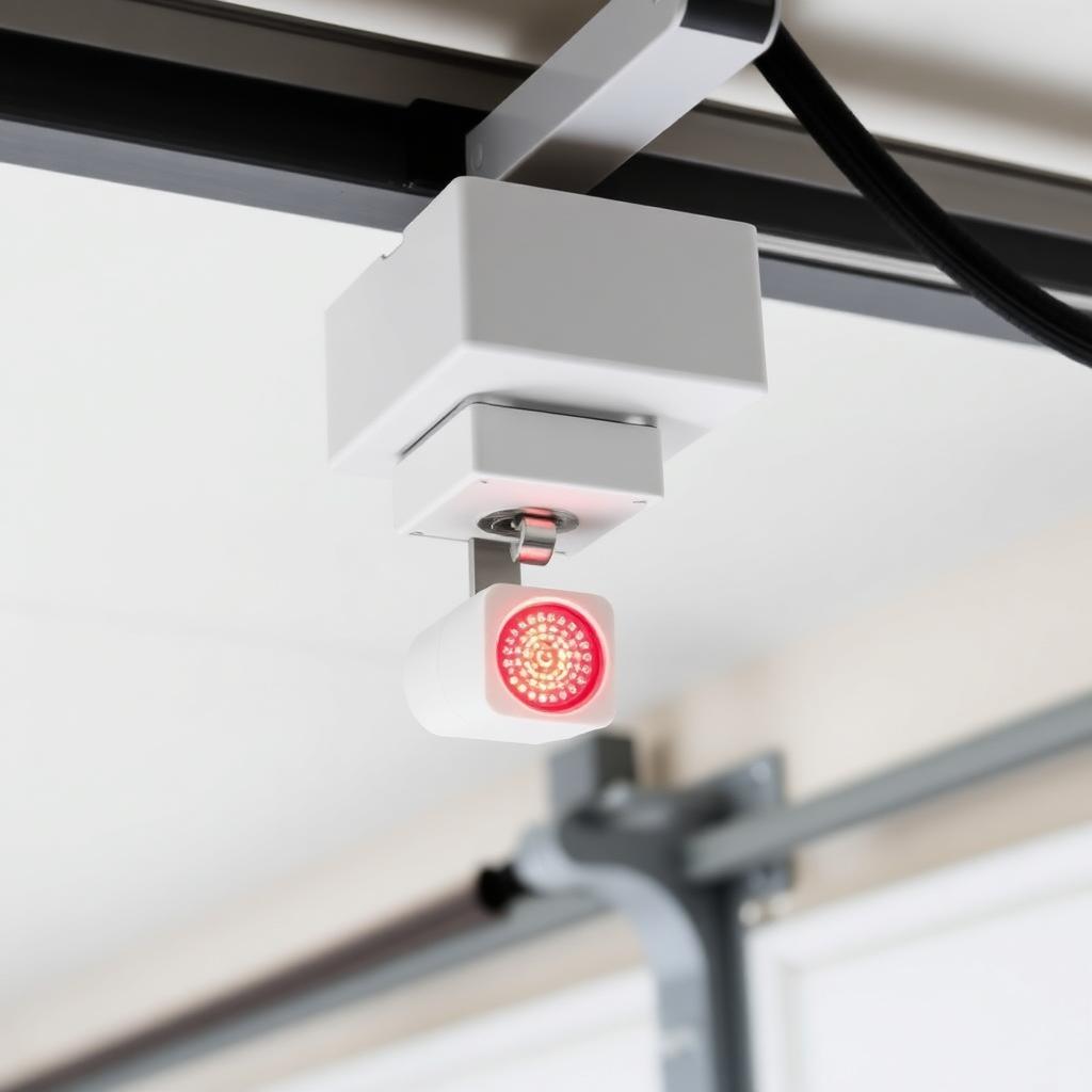 Garage door safety sensor with red LED indicator light