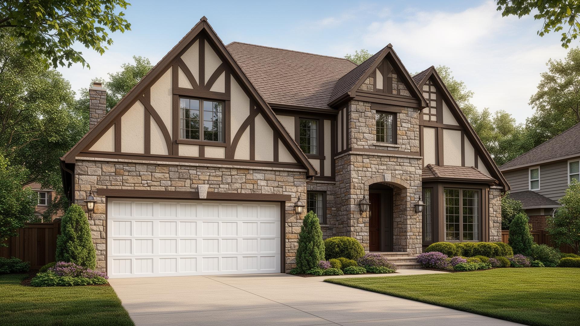 Beautiful Tudor style home with white raised panel garage doors in Nottingham, NH