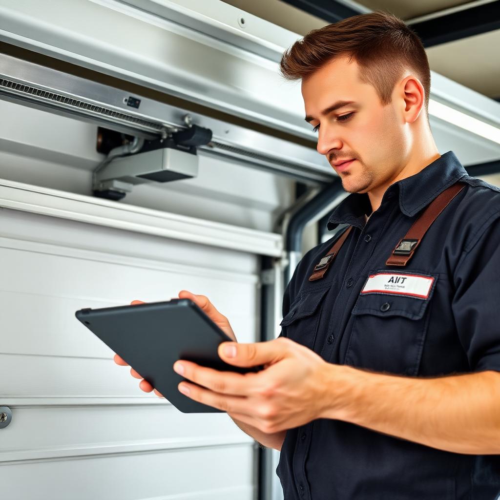 Professional garage door technician performing digital inspection in Nottingham NH